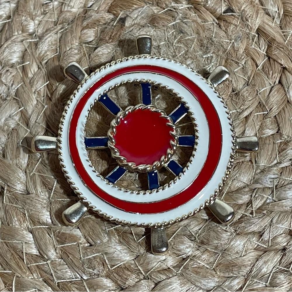 Nautical Brooch Ships Wheel Helm Red Cream and Blue Gold tone 2.5 inch diameter